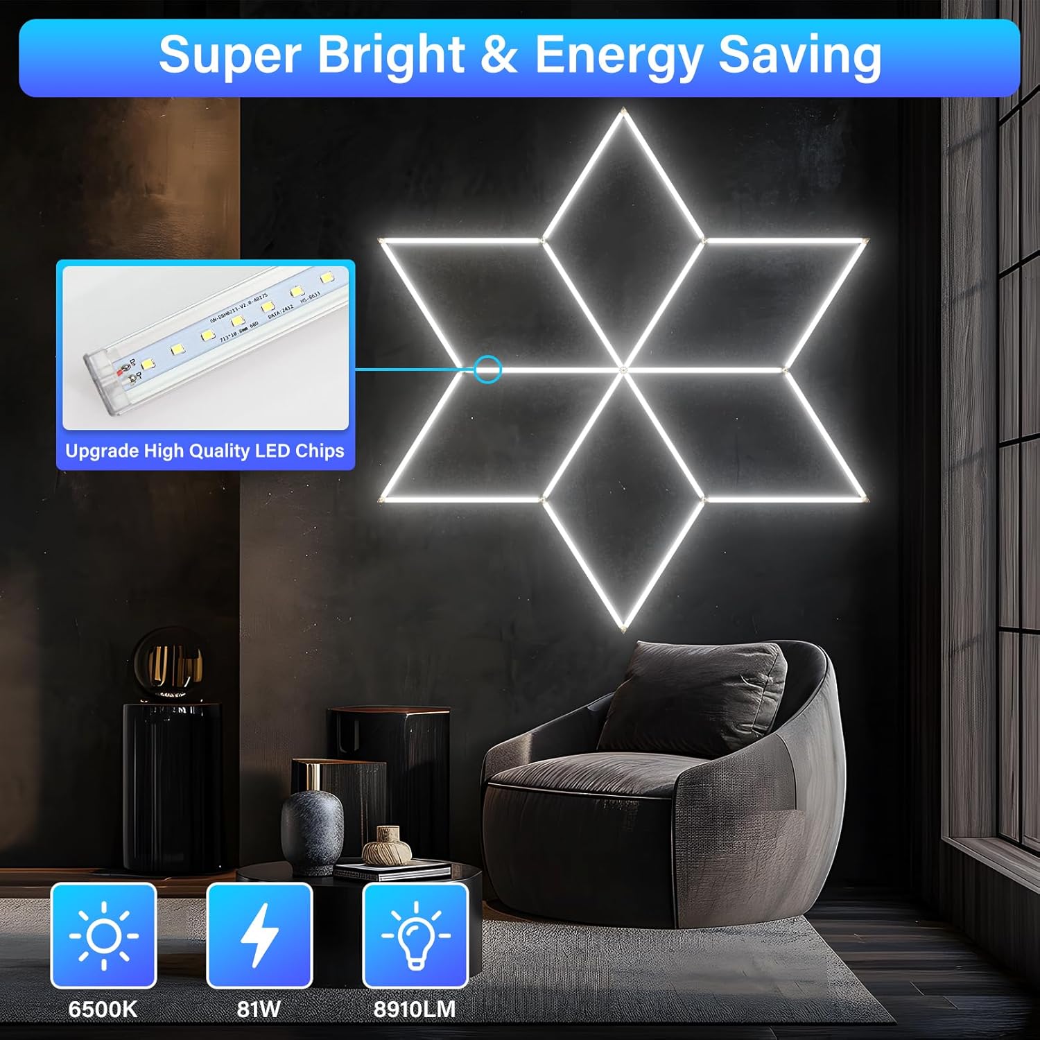 HoneyComb LED RFAN, Forma Stea, Lumina Rece, 6500K, 126W