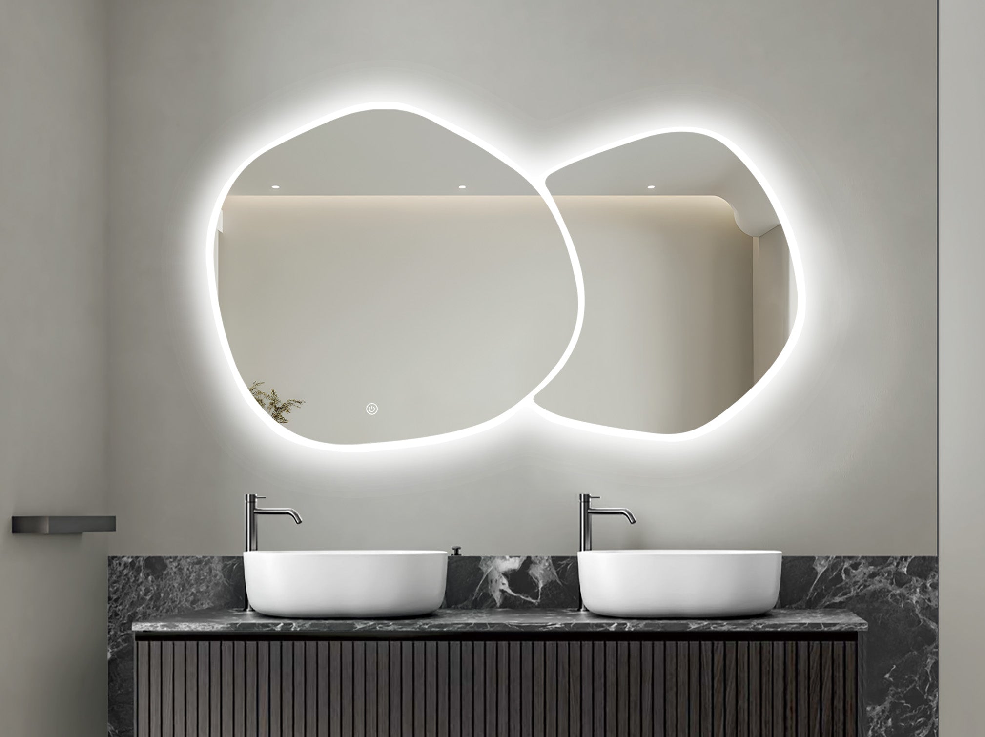 Oglinda LED Dubla, Asimetrica Premium 140×80 cm, Touch, 3 Tipuri Lumina – Calda, Rece, Naturala