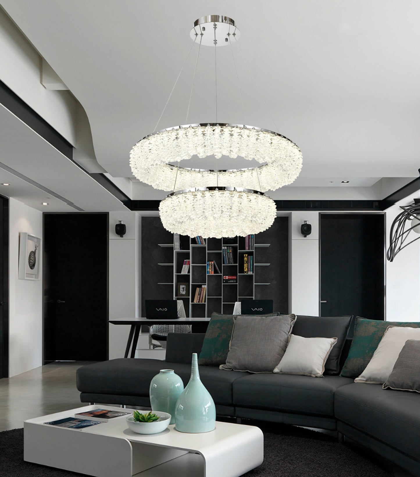 Candelabru LED RFAN, Model 78011-600+400, Textura Cristal, Metal, 160W, Argintiu