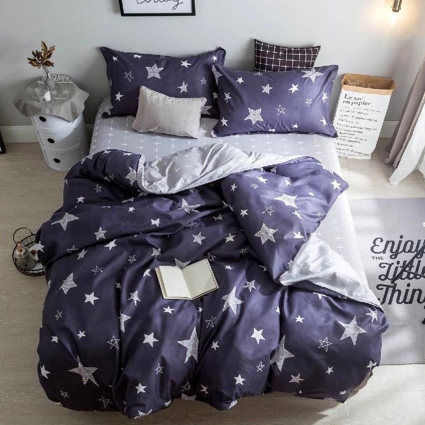 Lenjerie pat dublu, bumbac satinat, cearsaf clasic, 4 piese,  Bleumarin, stelute