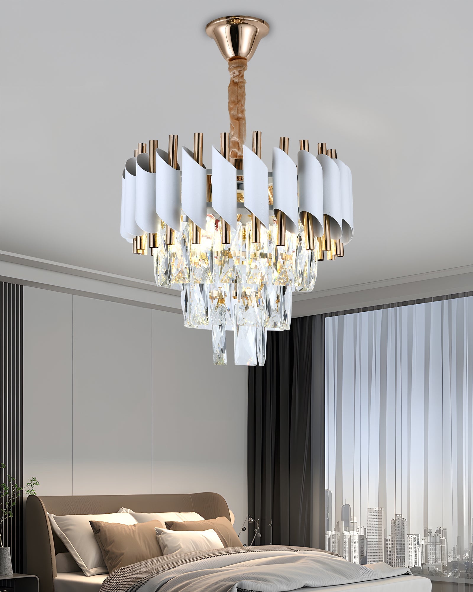 Candelabru RFAN, Model S89001/300, Textura Cristal, Metal, 3 X E27, Alb/Auriu