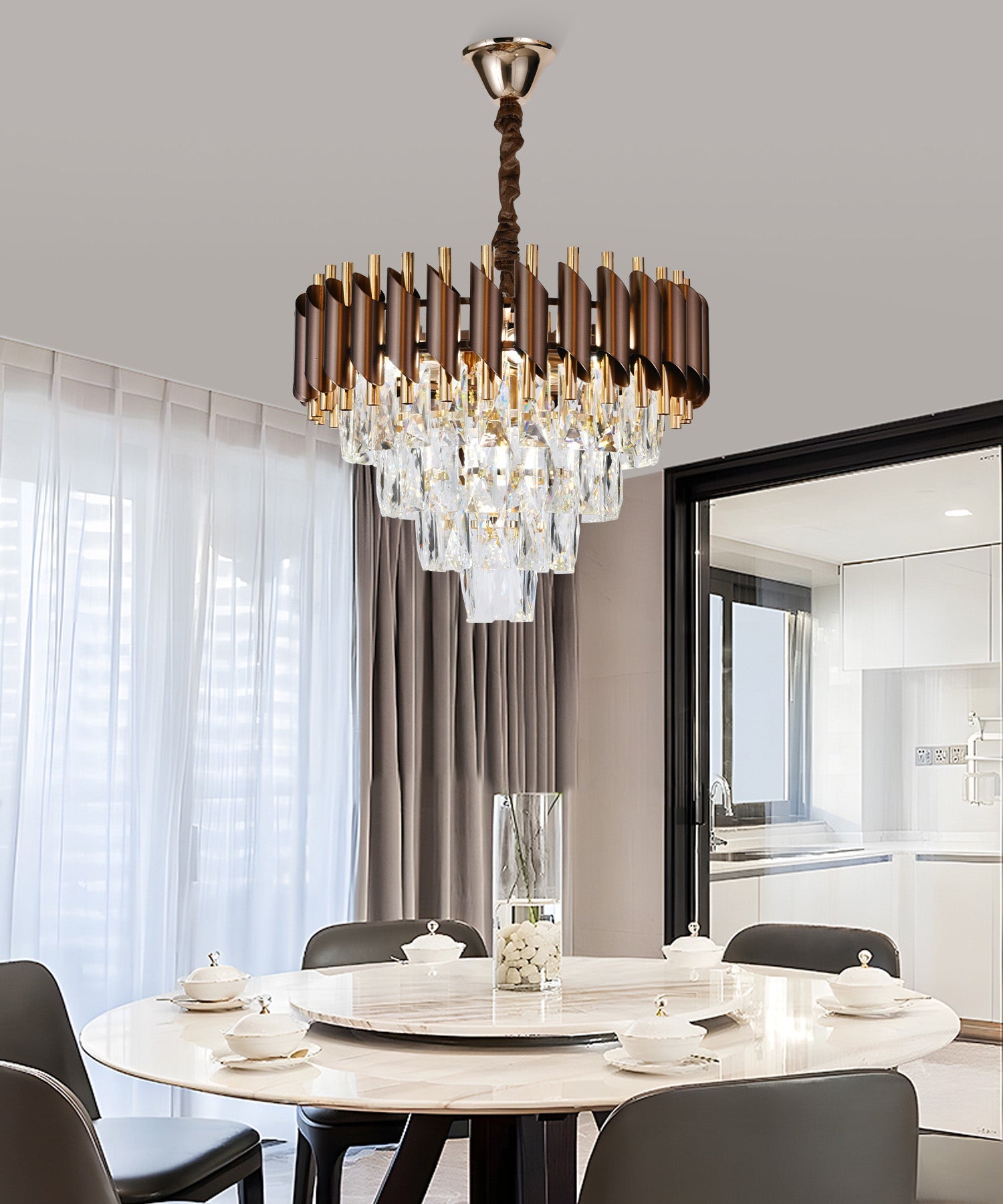 Candelabru RFAN, Model S89001/400, Textura Cristal, Metal, 4 x E27, Maro/Auriu