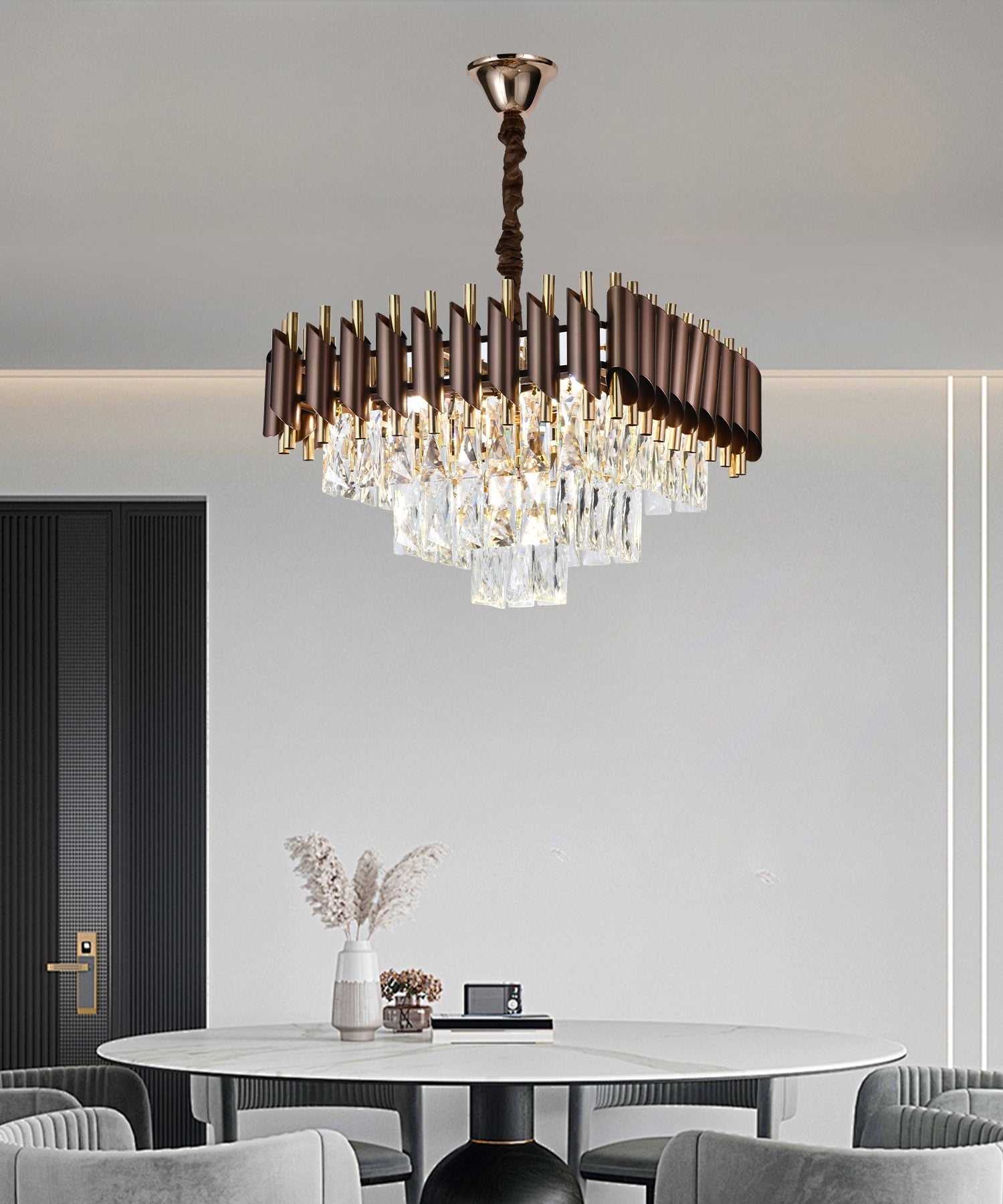 Candelabru RFAN, Model S89001/400x400, Textura Cristal, Metal, 5 X E27, Maro/Auriu