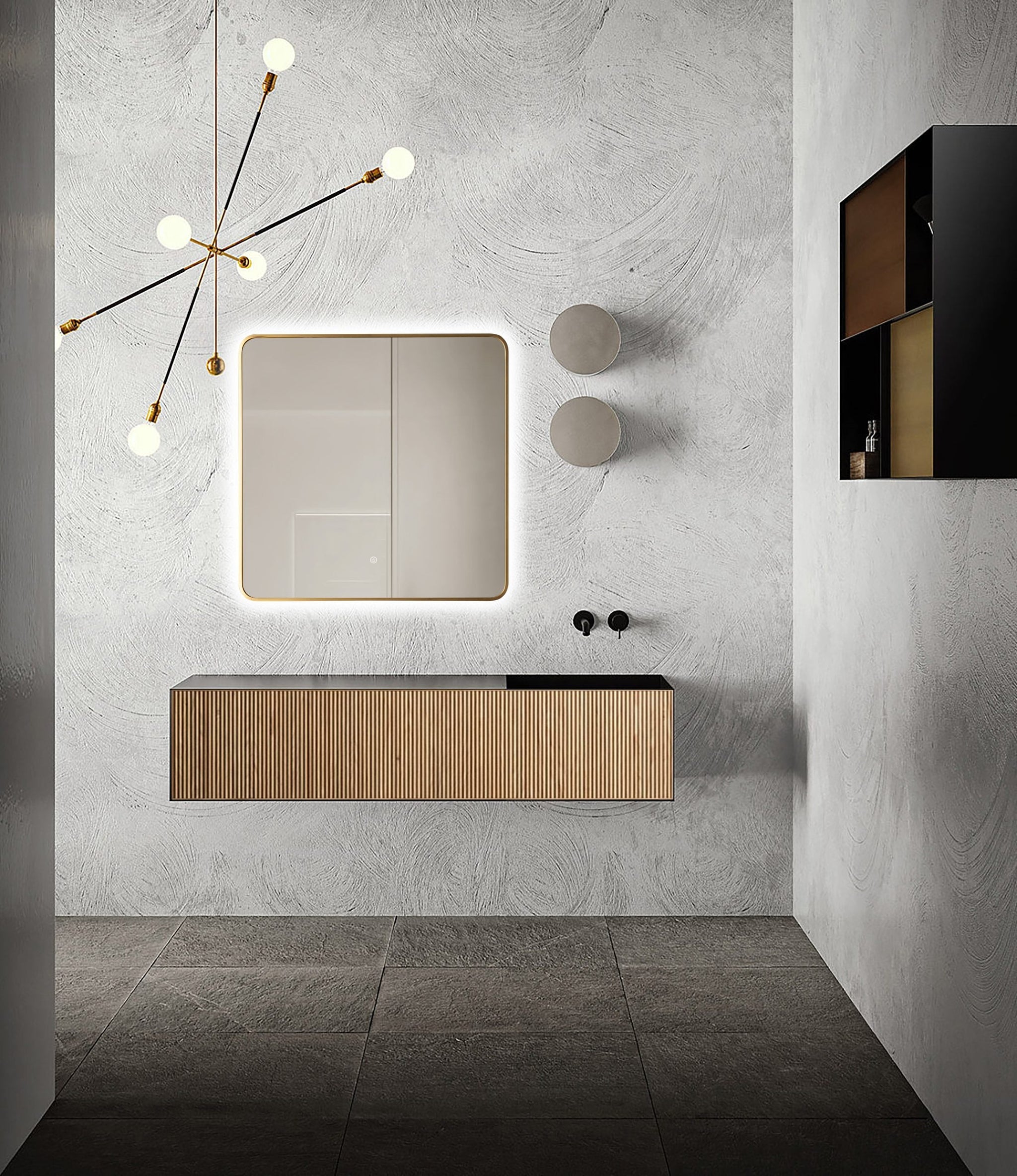 Oglinda LED Patrata Premium 80×80 cm, Rama Auriu, 3 Tipuri de Lumina – Calda, Rece, Neutra