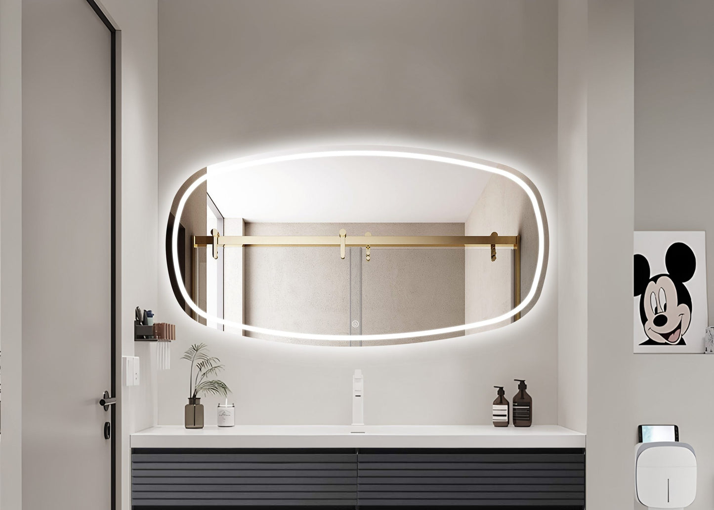 Oglinda LED Ovala Premium 150×85 cm, 3 Tipuri de Lumina – Calda, Rece, Neutra