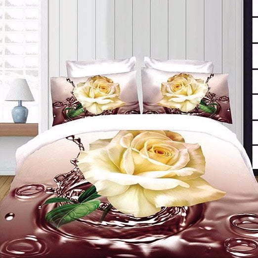 Lenjerie pat dublu, 6 Piese, imprimeu 3D, Bej, trandafiri