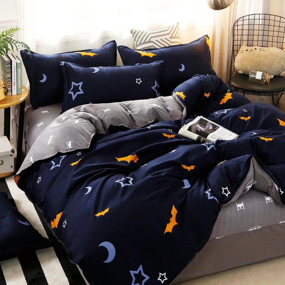 Lenjerie pat dublu, bumbac satinat, cearsaf clasic, 4 piese,  Bleumarin, lilieci