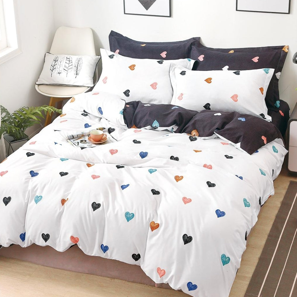 Lenjerie pat dublu, bumbac satinat, cearsaf clasic, 4 piese, Alb, inimioare colorate