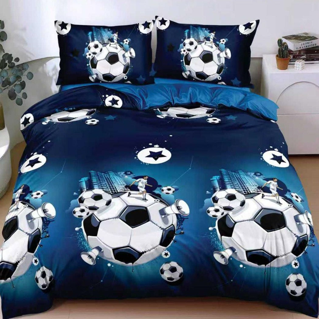 Lenjerie pat dublu, bumbac satinat, cearsaf clasic, 4 piese, Albastru, mingii de fotbal