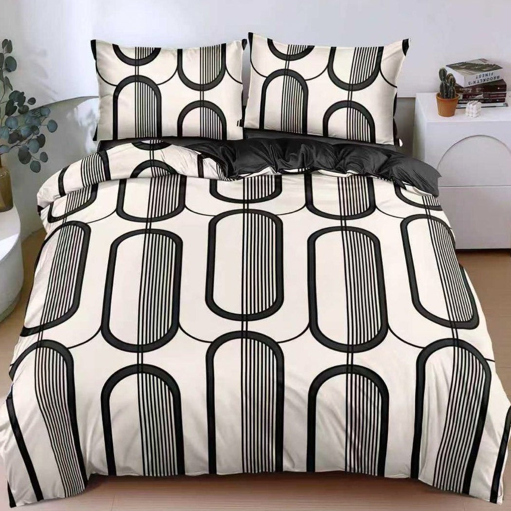 Lenjerie pat dublu, bumbac satinat, cearsaf clasic, 4 piese, Crem, abstract