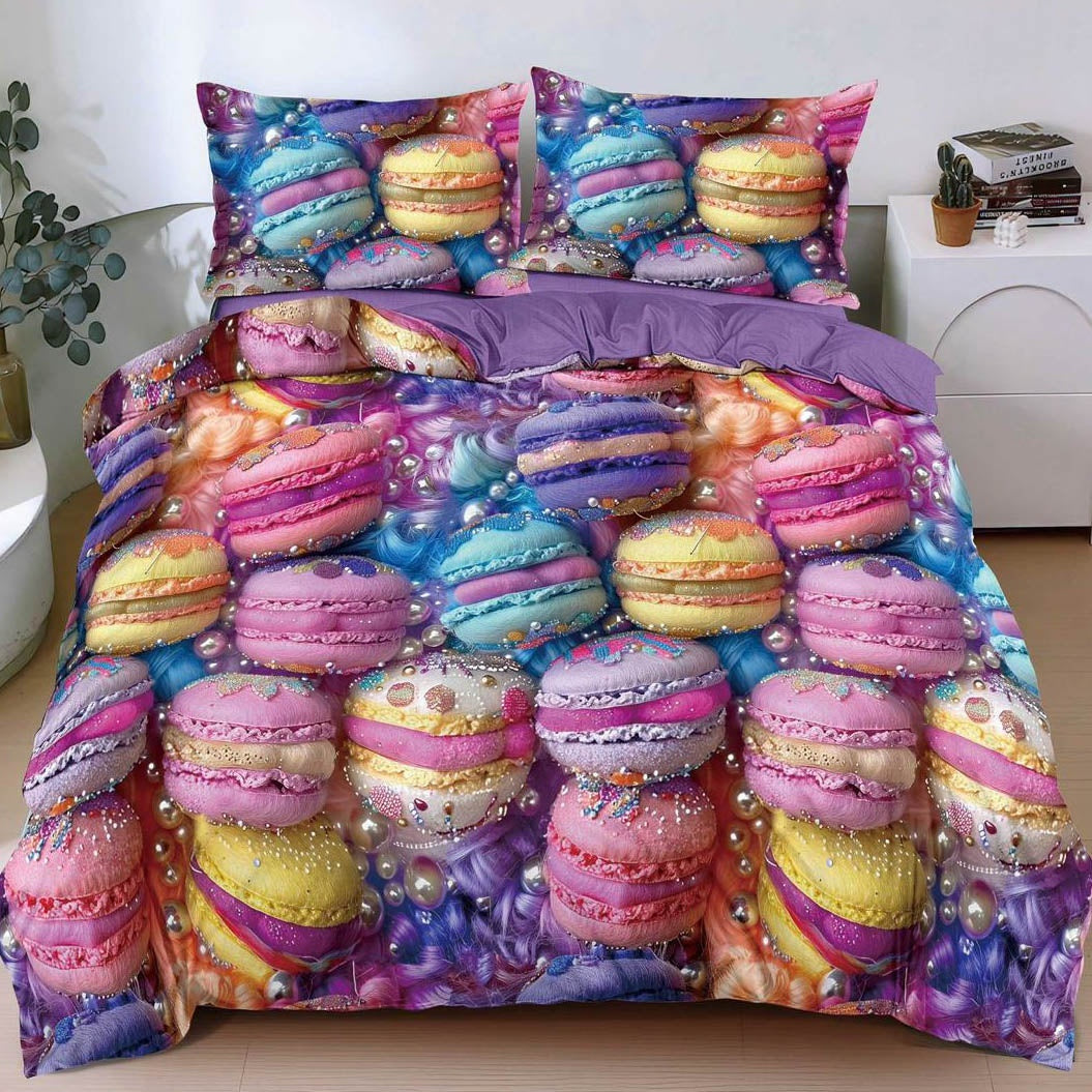 Lenjerie pat dublu, bumbac satinat, cearsaf clasic, 4 piese, Mov,  multicolor, macarons
