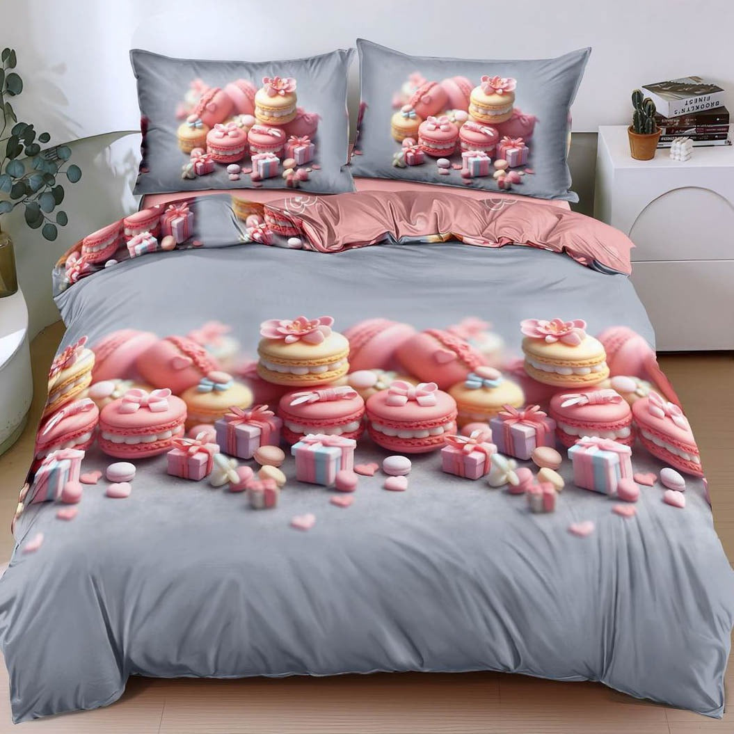 Lenjerie pat dublu, bumbac satinat, cearsaf clasic, 4 piese, Bleu, Roz, macarons