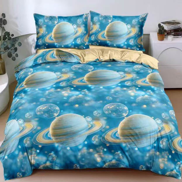 Lenjerie pat dublu, bumbac satinat, cearsaf clasic, 4 piese, Albastru, planete