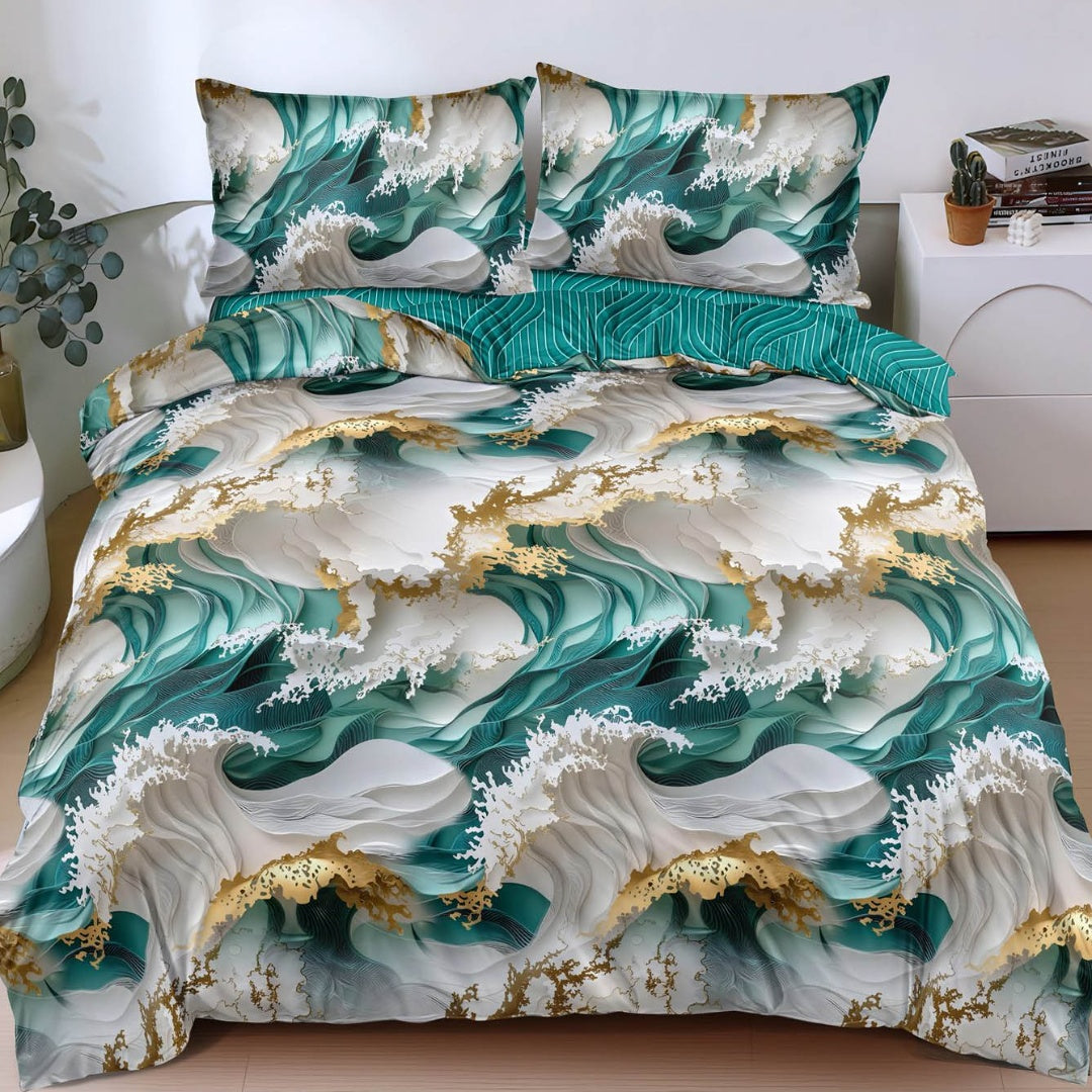 Lenjerie pat dublu, bumbac satinat, cearsaf clasic, 4 piese, Verde, Gri, abstract