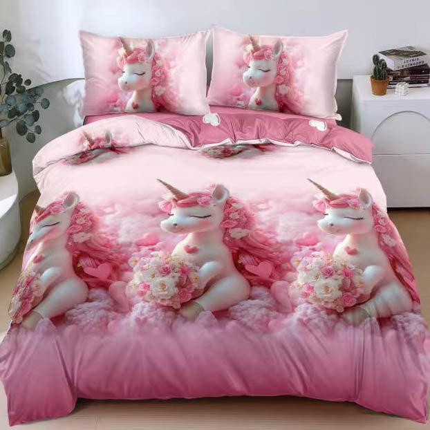 Lenjerie pat dublu, bumbac satinat, cearsaf clasic, 4 piese, Roz, unicorni
