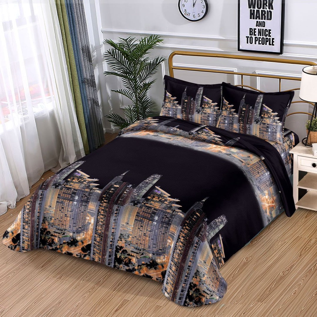 Lenjerie pat dublu, cearsaf clasic, imprimeu 3D, Negru, oras