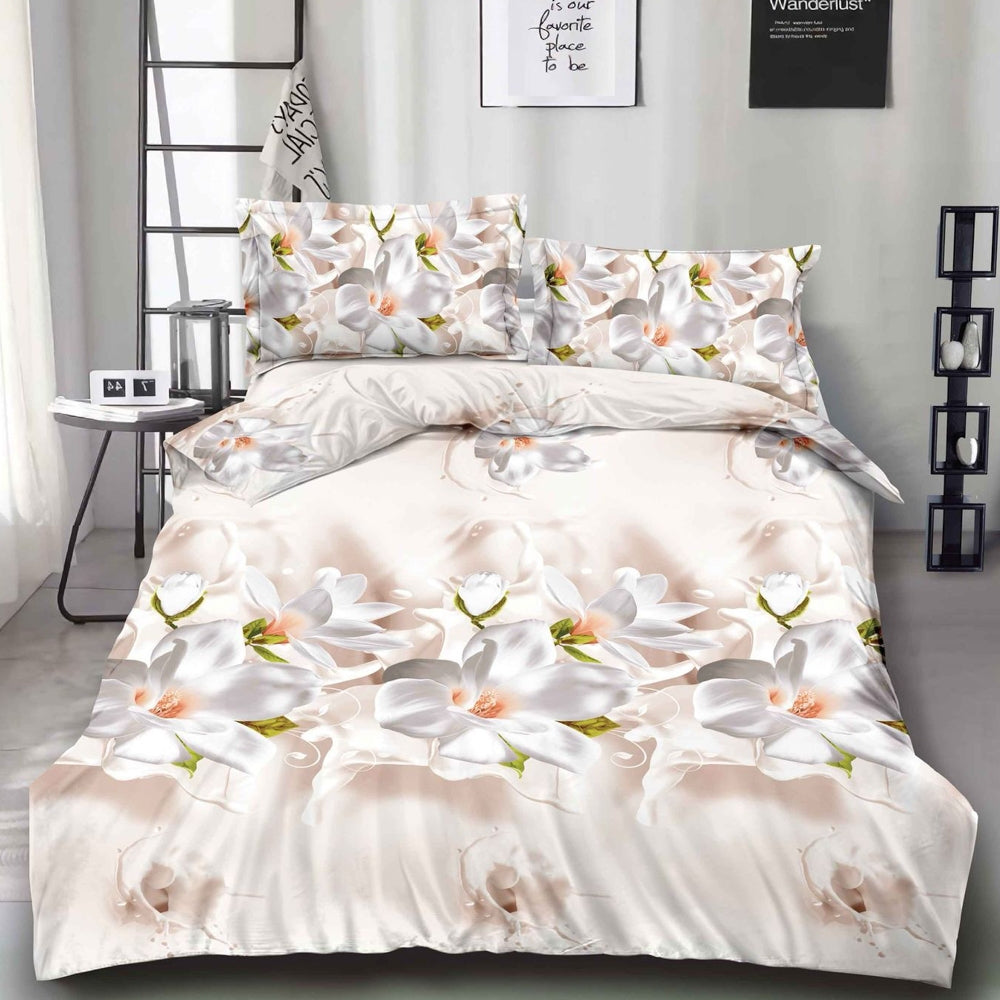 Lenjerie pat dublu, cearsaf clasic, imprimeu 3D, Crem, magnolii
