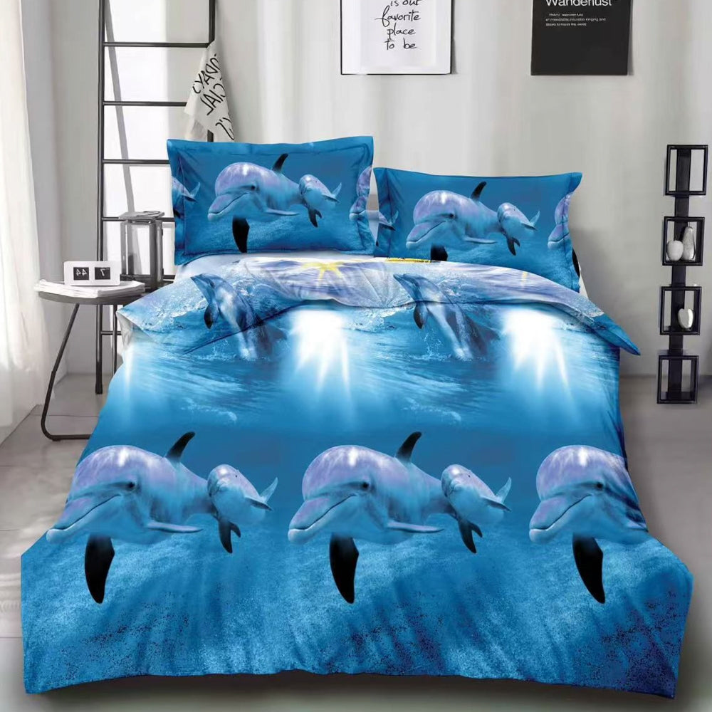 Lenjerie pat dublu, cearsaf clasic, imprimeu 3D, Bleu, delfini