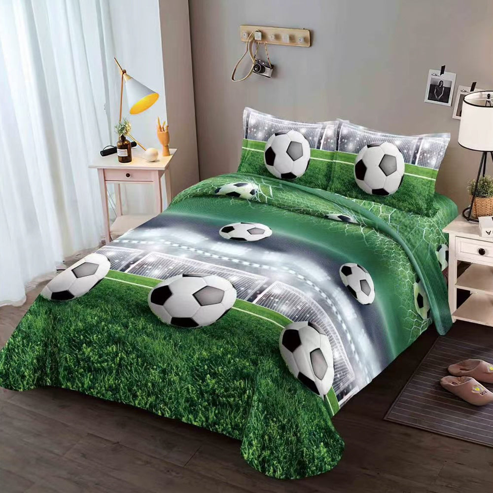 Lenjerie pat dublu cu ELASTIC, microfibra, imprimeu 3D, Verde, minge fotbal