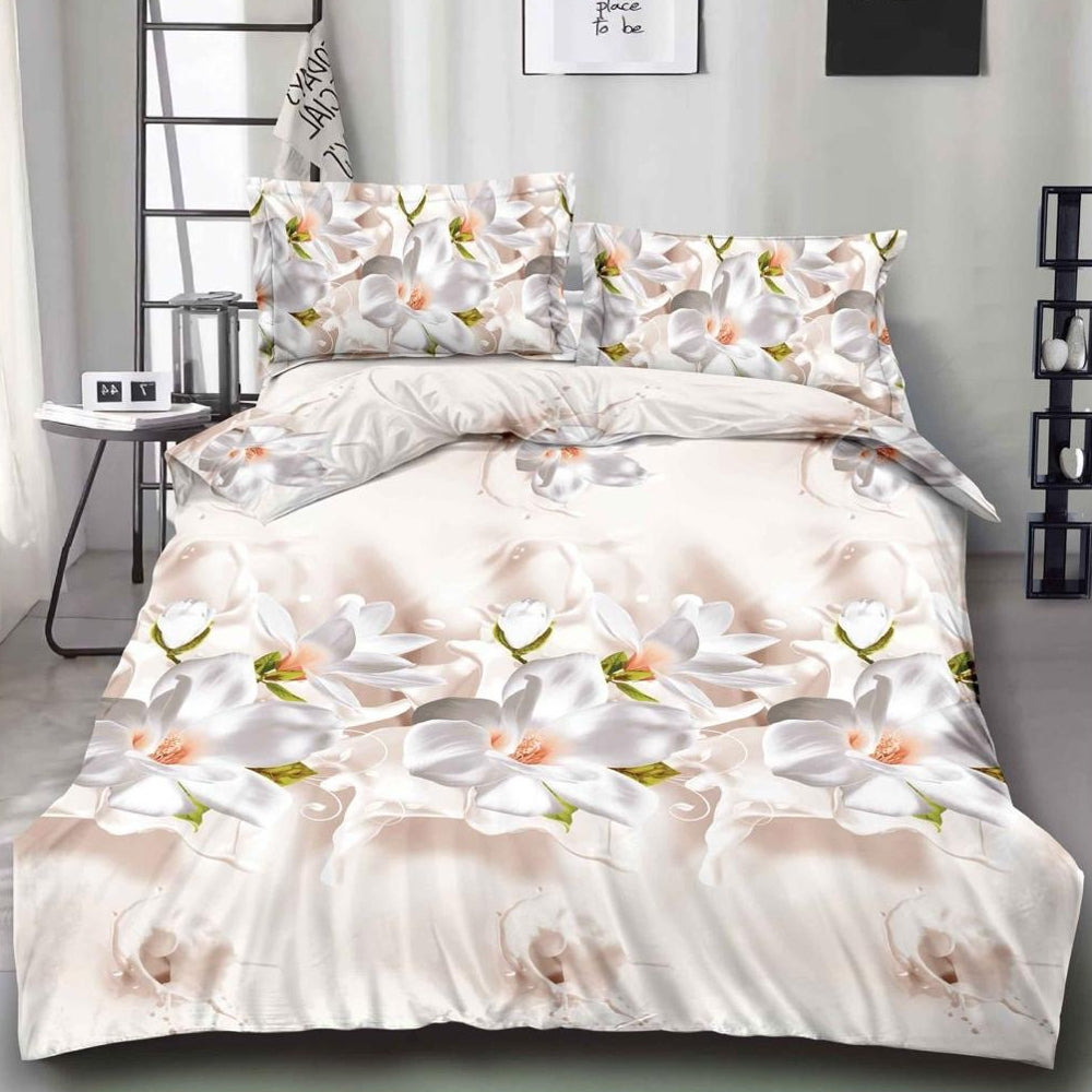 Lenjerie pat dublu cu ELASTIC, microfibra, imprimeu 3D, Crem, magnolii