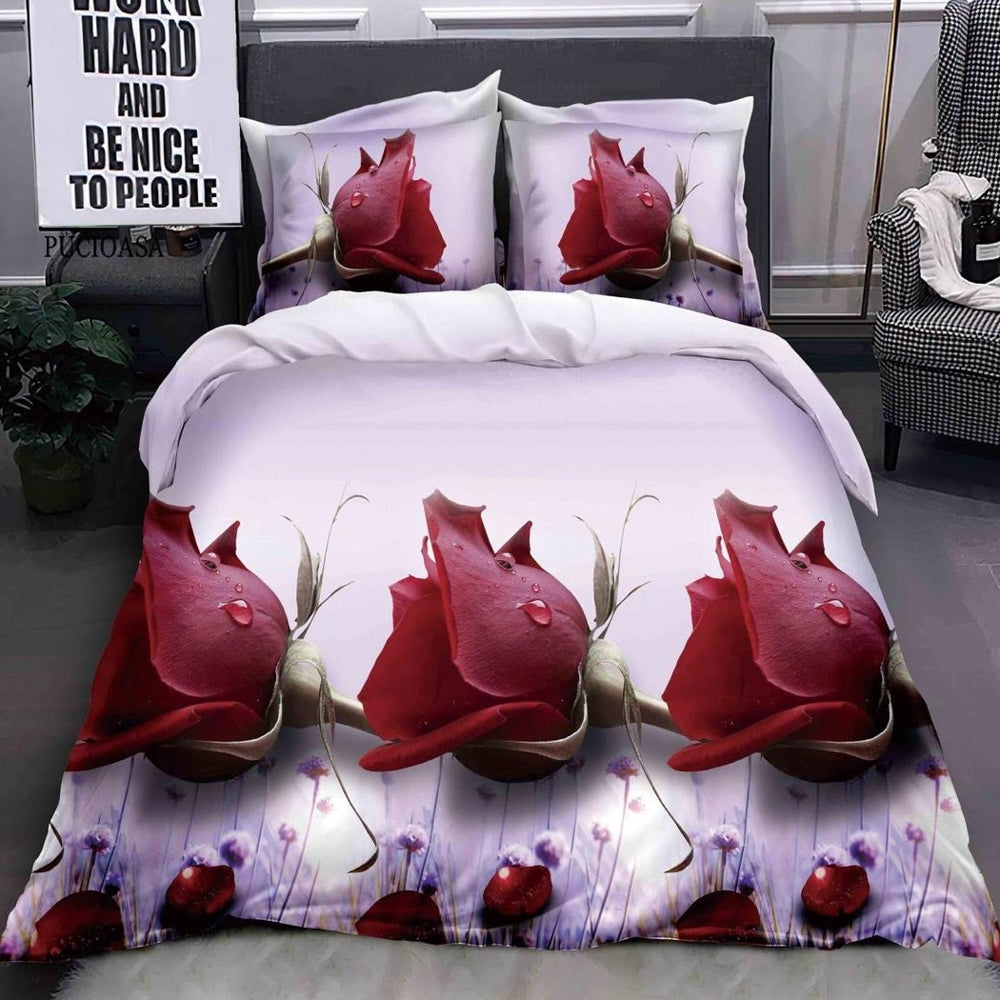 Lenjerie pat dublu cu ELASTIC, microfibra, imprimeu 3D, Lila, trandafiri