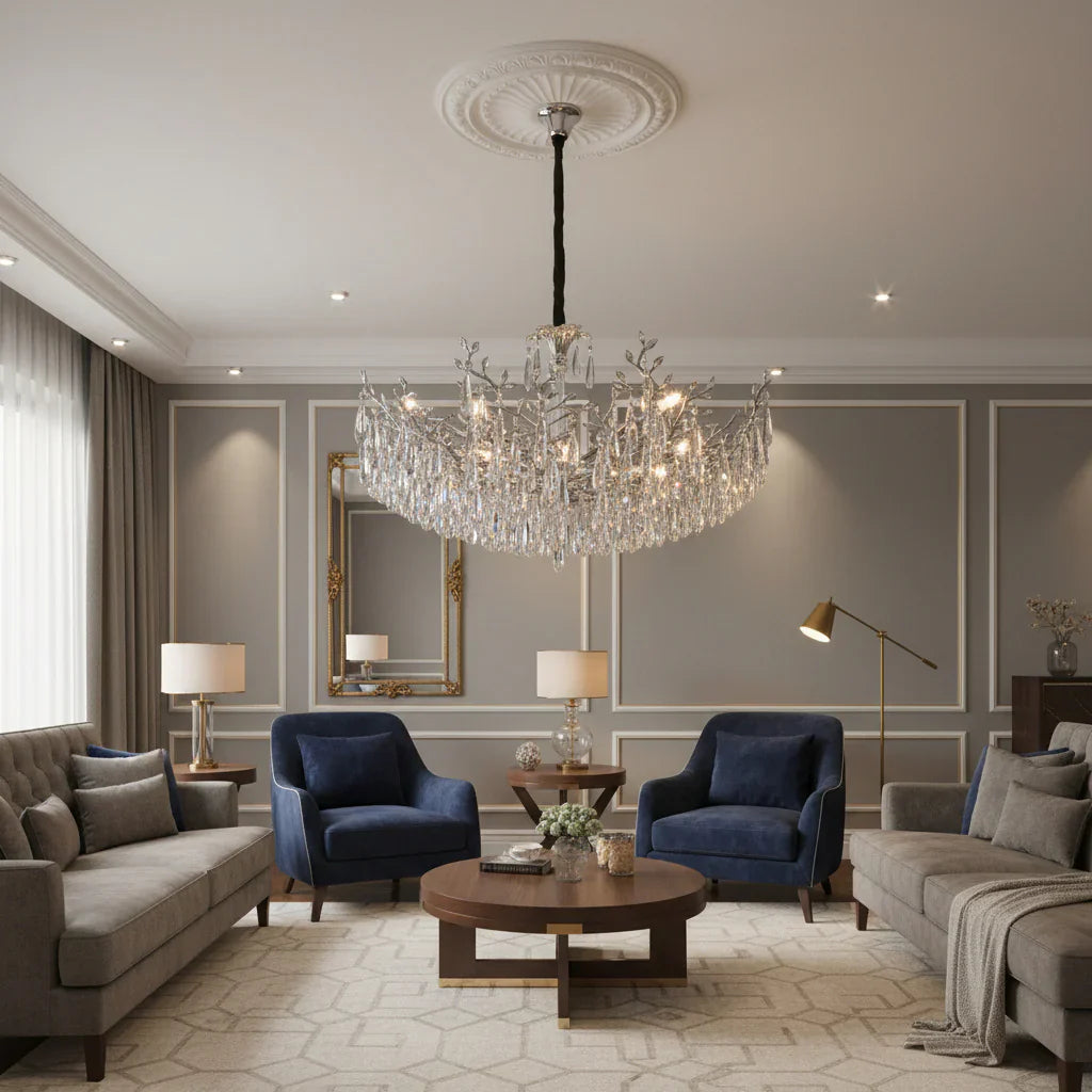 Candelabru RFAN, Model 1117/850, Textura Cristal, Metal, 8 X E14, Argintiu