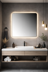 Oglinda LED Patrata Premium 80×80 cm, Rama Auriu, 3 Tipuri de Lumina – Calda, Rece, Neutra