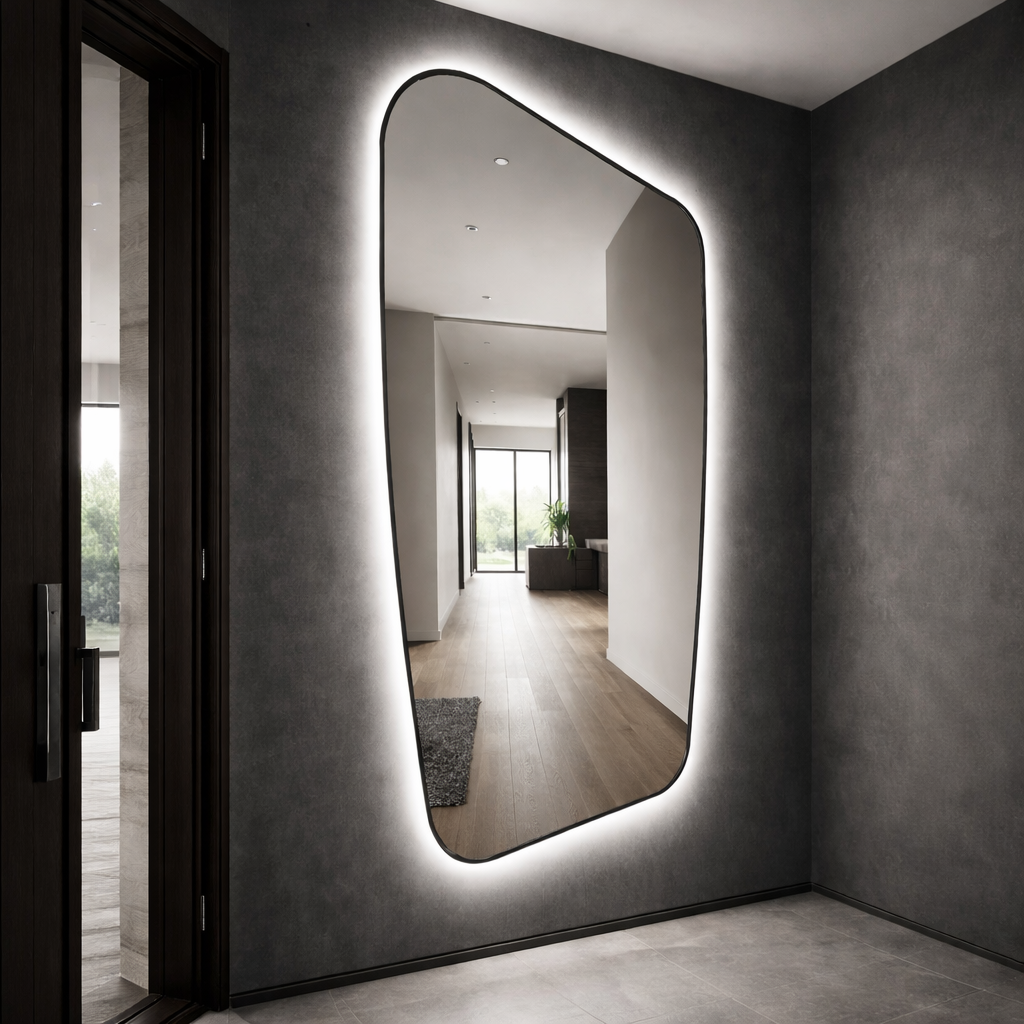 Oglinda LED pentru Dressing, Hol, Baie, Asimetrica Premium 70×110 cm, cu Rama Neagra, Touch, 3 Tipuri Lumina – Calda, Rece, Naturala