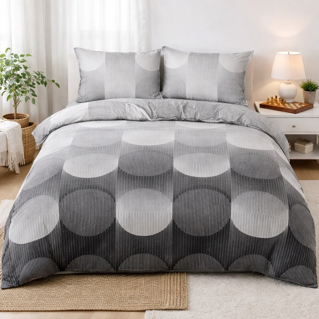 Lenjerie pat dublu, bumbac satinat, cearsaf clasic, 4 piese, Gri, abstract