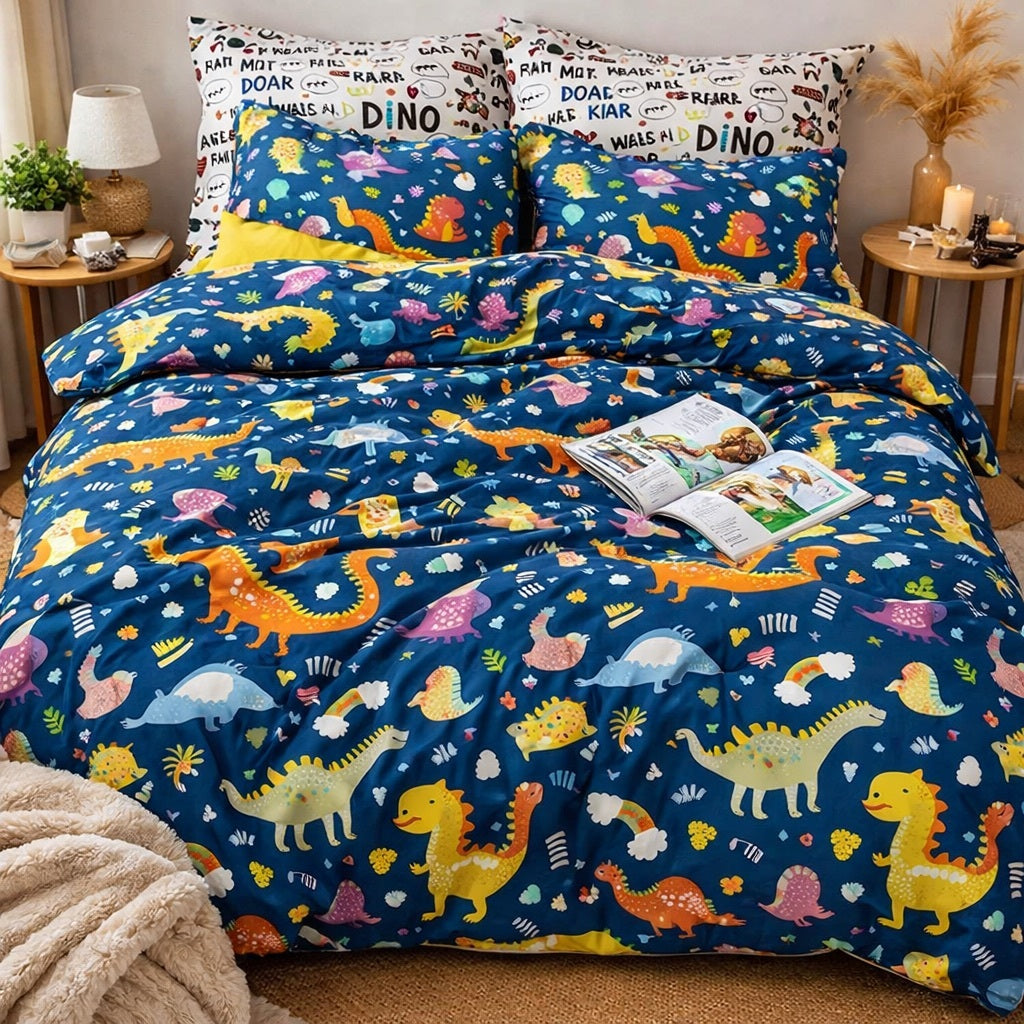 Lenjerie pat dublu, bumbac satinat, cearsaf clasic, 4 piese,  Albastru, Dinozauri