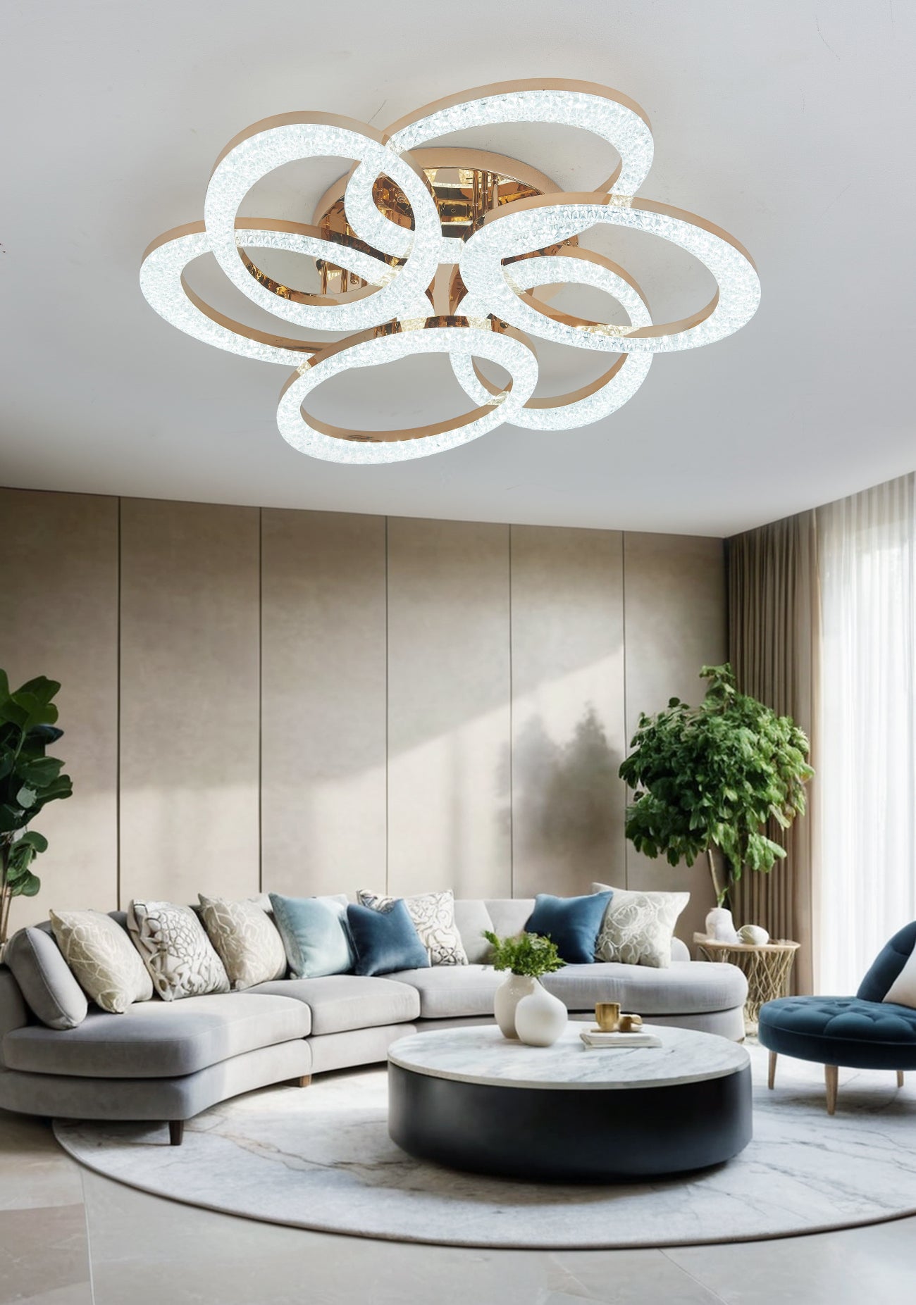 Lustra LED RFAN, Model J409/3+3, Cu Telecomanda, 3 Tipuri De Lumina, Intensitate Reglabila, 168W, Auriu