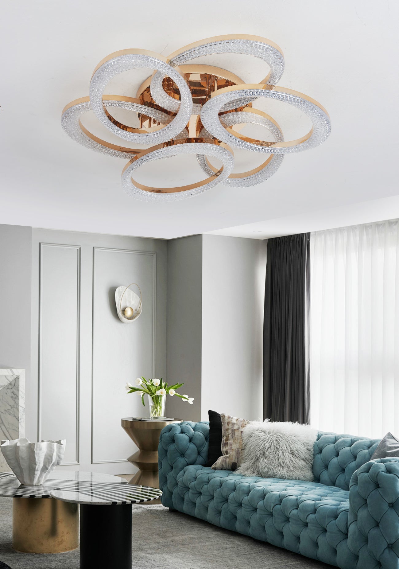 Lustra LED RFAN, Model J409/3+3, Cu Telecomanda, 3 Tipuri De Lumina, Intensitate Reglabila, 168W, Auriu