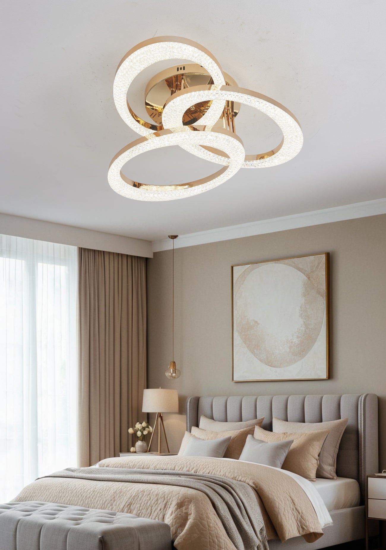Lustra LED RFAN, Model J409/3, Cu Telecomanda, 3 Tipuri De Lumina, Intensitate Reglabila, 144W, Auriu