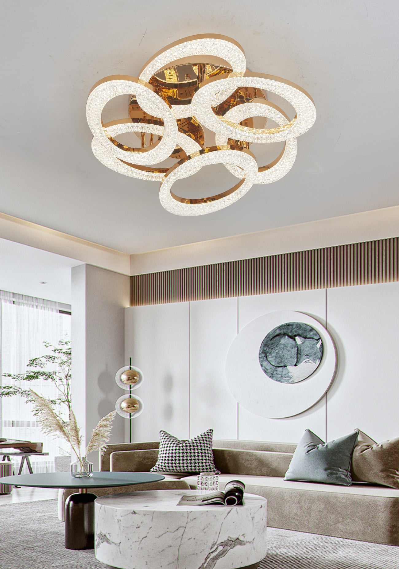 Lustra LED RFAN, Model J409/3+3, Cu Telecomanda, 3 Tipuri De Lumina, Intensitate Reglabila, 168W, Auriu