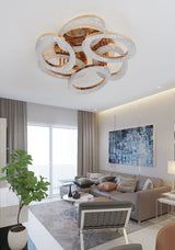 Lustra LED RFAN, Model J409/3+3, Cu Telecomanda, 3 Tipuri De Lumina, Intensitate Reglabila, 168W, Auriu