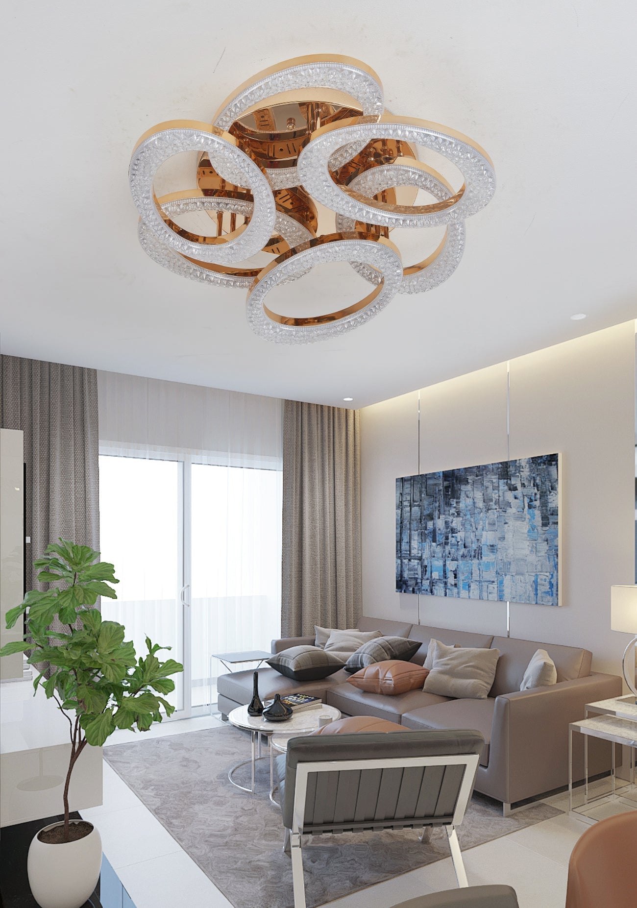 Lustra LED RFAN, Model J409/3+3, Cu Telecomanda, 3 Tipuri De Lumina, Intensitate Reglabila, 168W, Auriu
