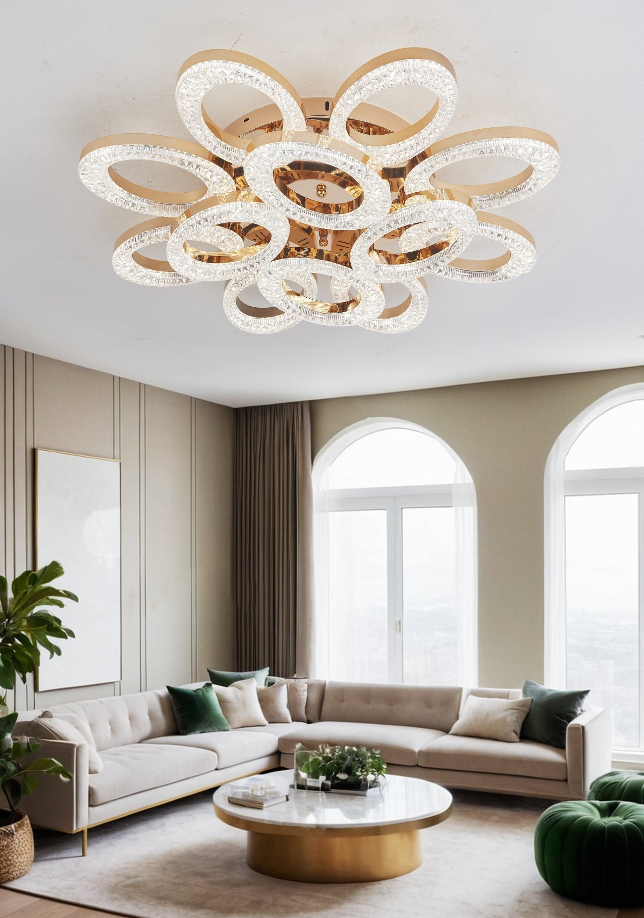 Lustra LED RFAN, Model J409/8+4, Cu Telecomanda, 3 Tipuri De Lumina, Intensitate Reglabila, 192W, Auriu