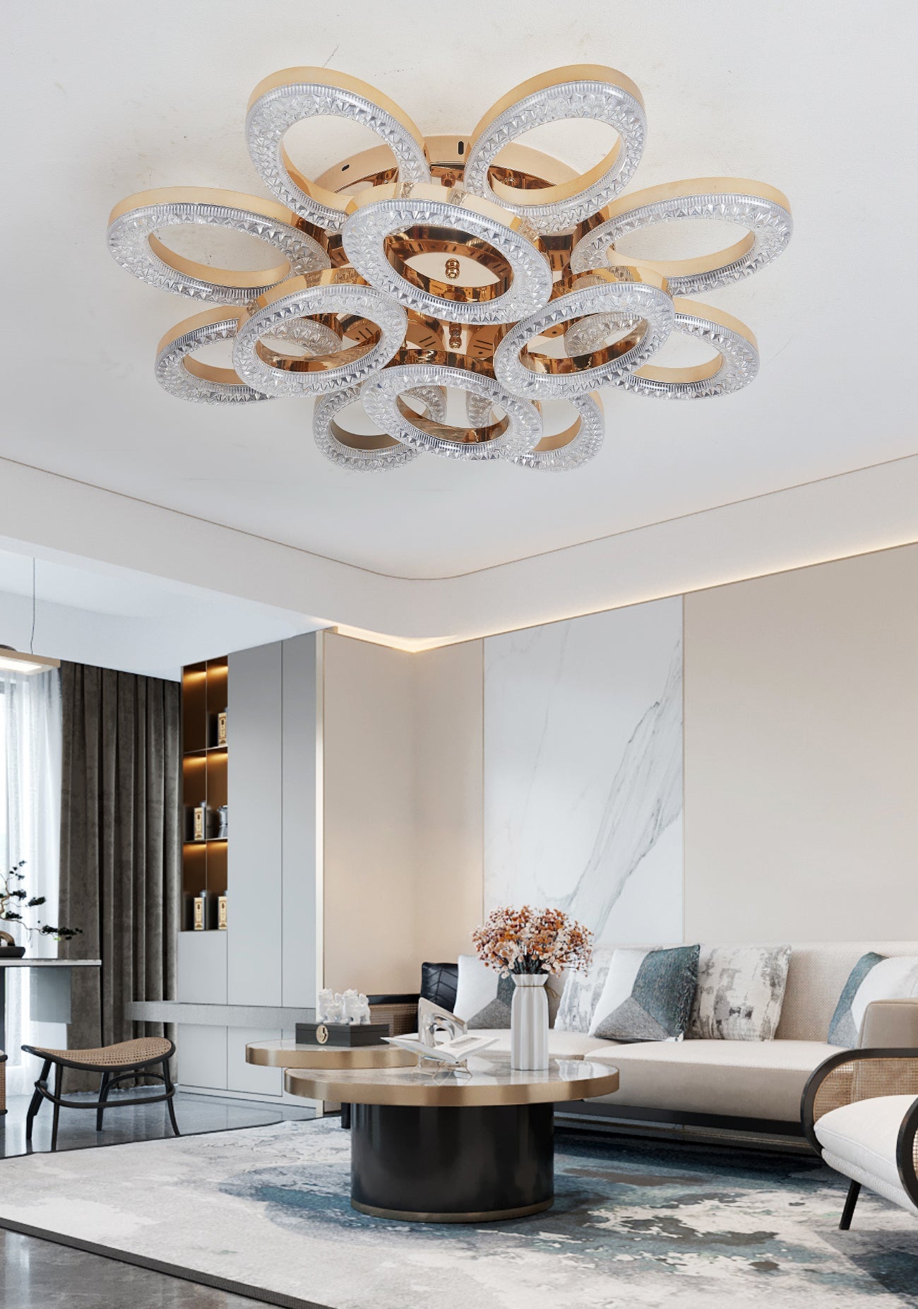 Lustra LED RFAN, Model J409/8+4, Cu Telecomanda, 3 Tipuri De Lumina, Intensitate Reglabila, 192W, Auriu