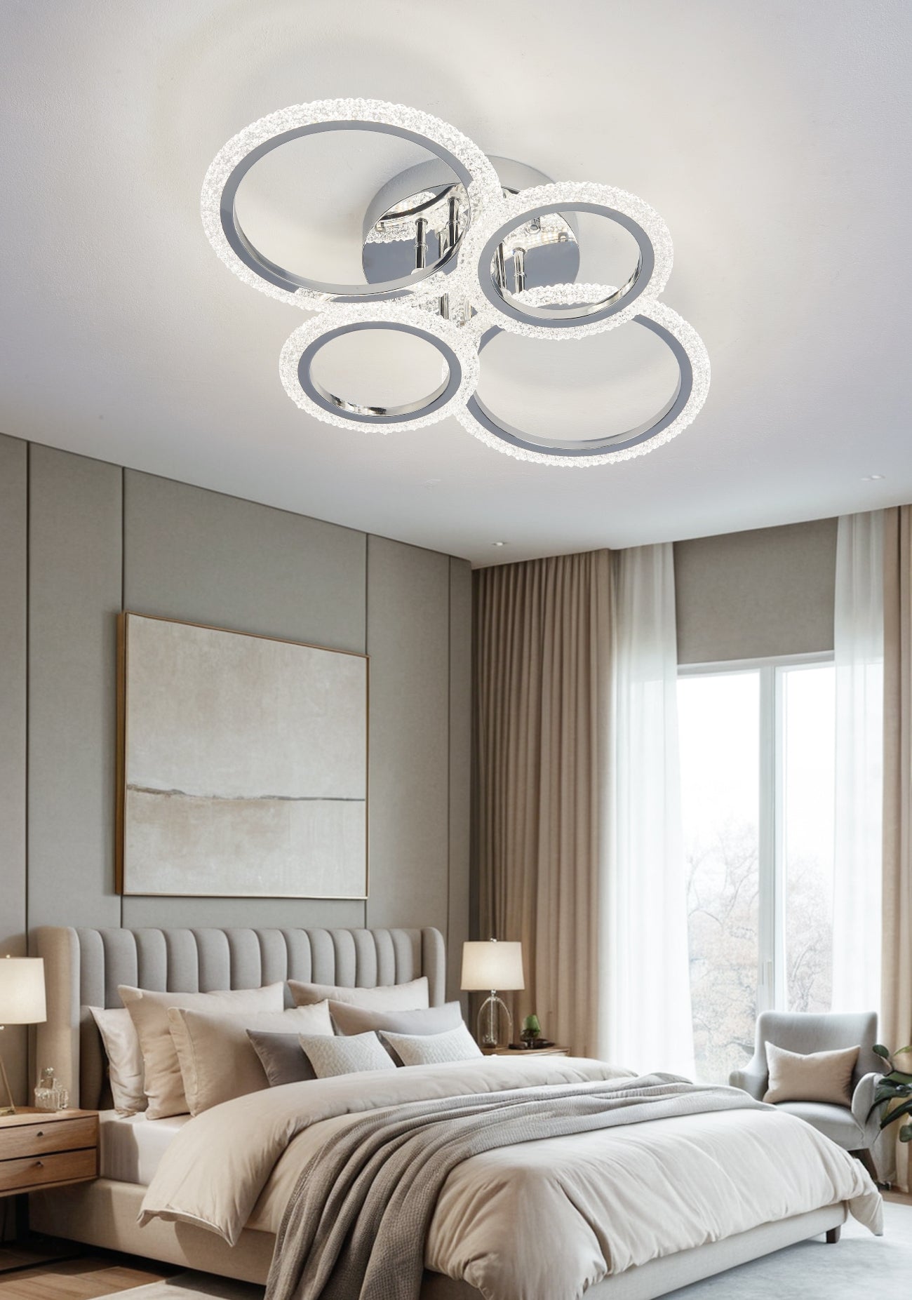 Lustra LED RFAN, Model DQ001/2+2, Cu Telecomanda, 3 Tipuri De Lumina, Intensitate Reglabila, 80W, Argintiu