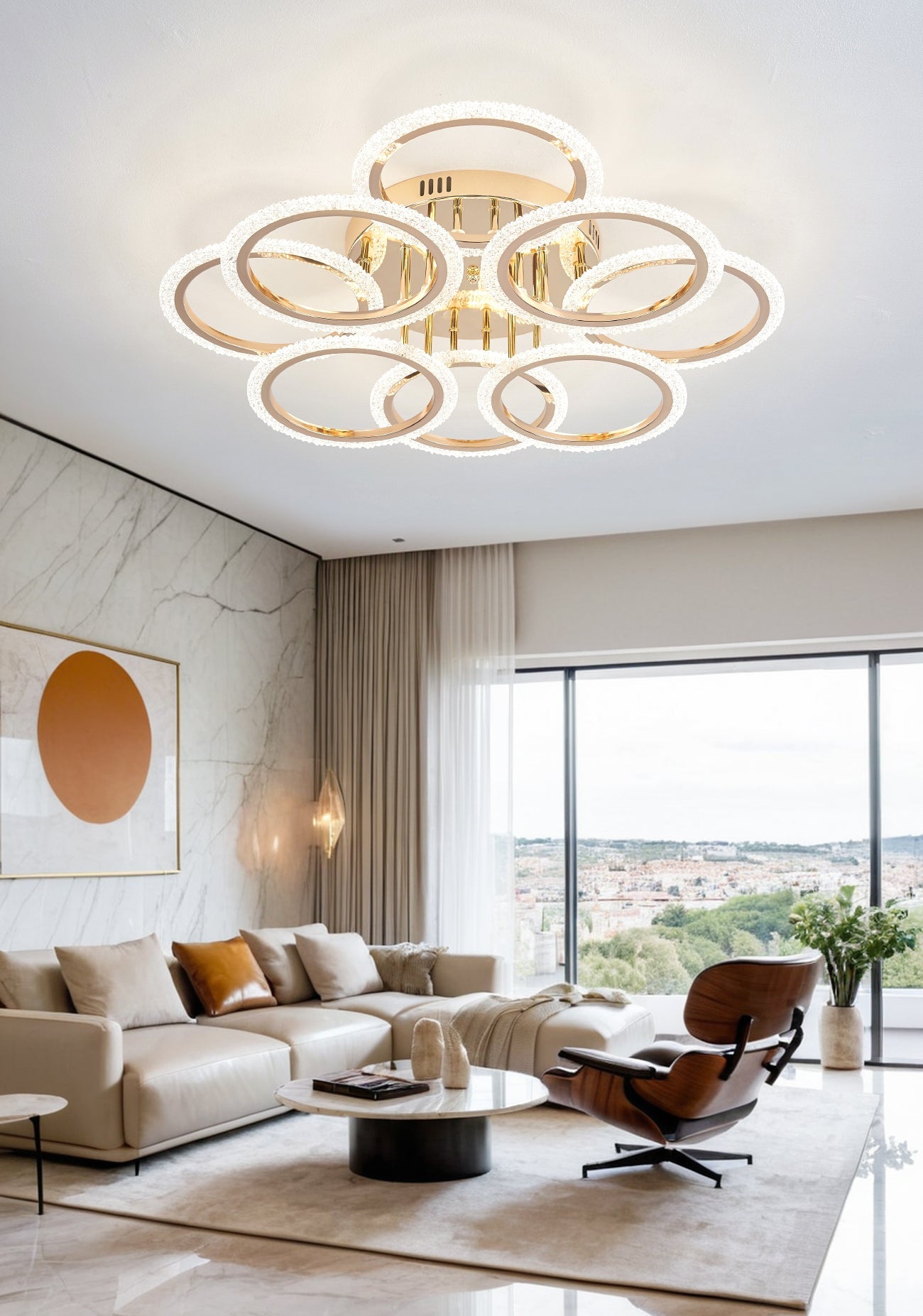 Lustra LED RFAN, Model JQ001/4+4, Cu Telecomanda, 3 Tipuri De Lumina, Intensitate Reglabila, 192W, Auriu