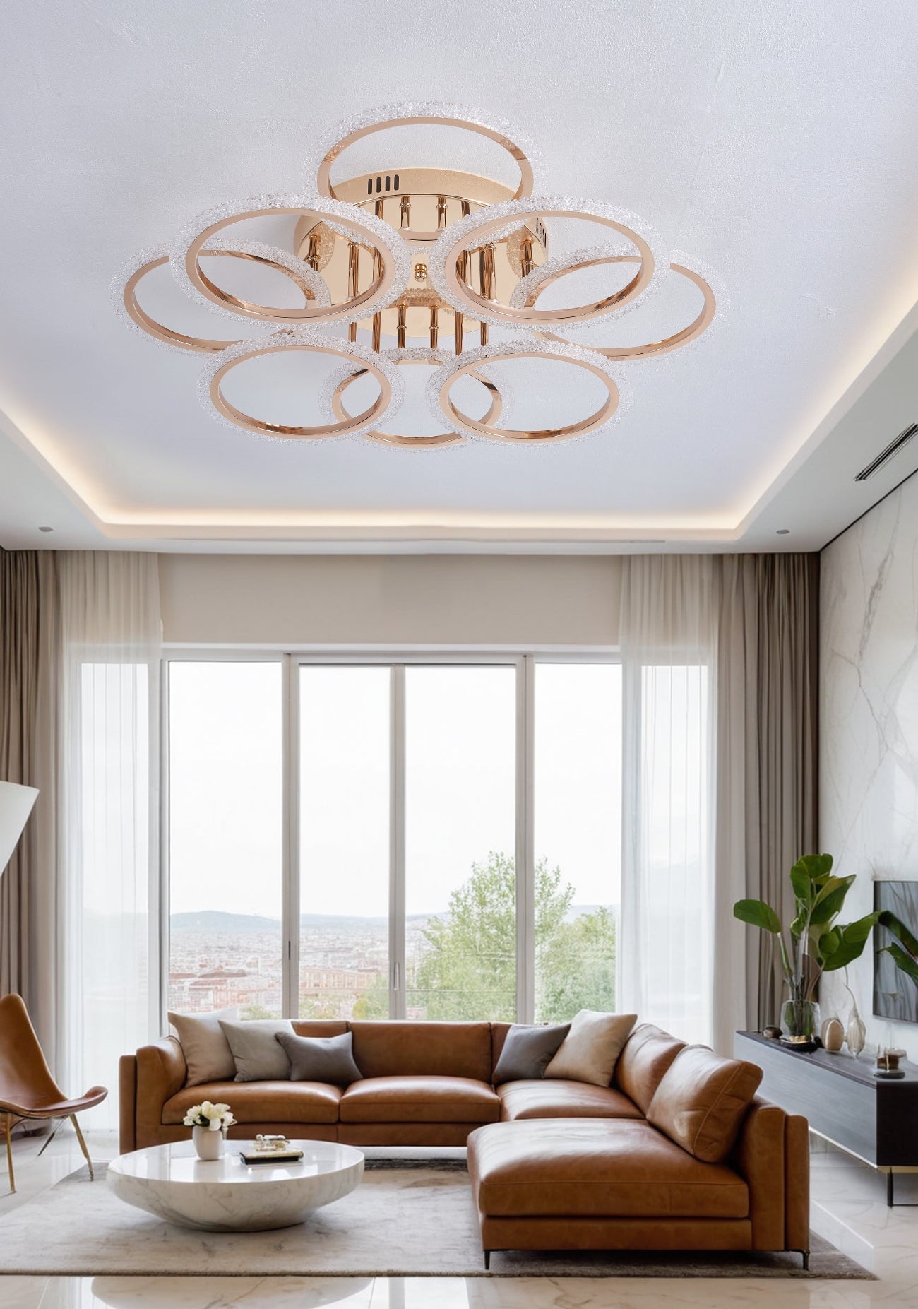 Lustra LED RFAN, Model JQ001/4+4, Cu Telecomanda, 3 Tipuri De Lumina, Intensitate Reglabila, 192W, Auriu