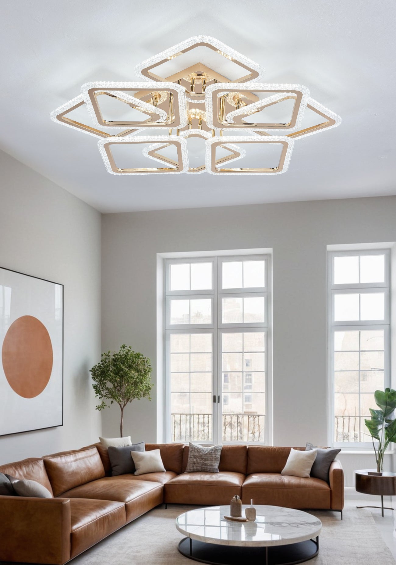 Lustra LED RFAN, Model JQ017/4+4, Cu Telecomanda, 3 Tipuri De Lumina, Intensitate Reglabila, 240W, Auriu