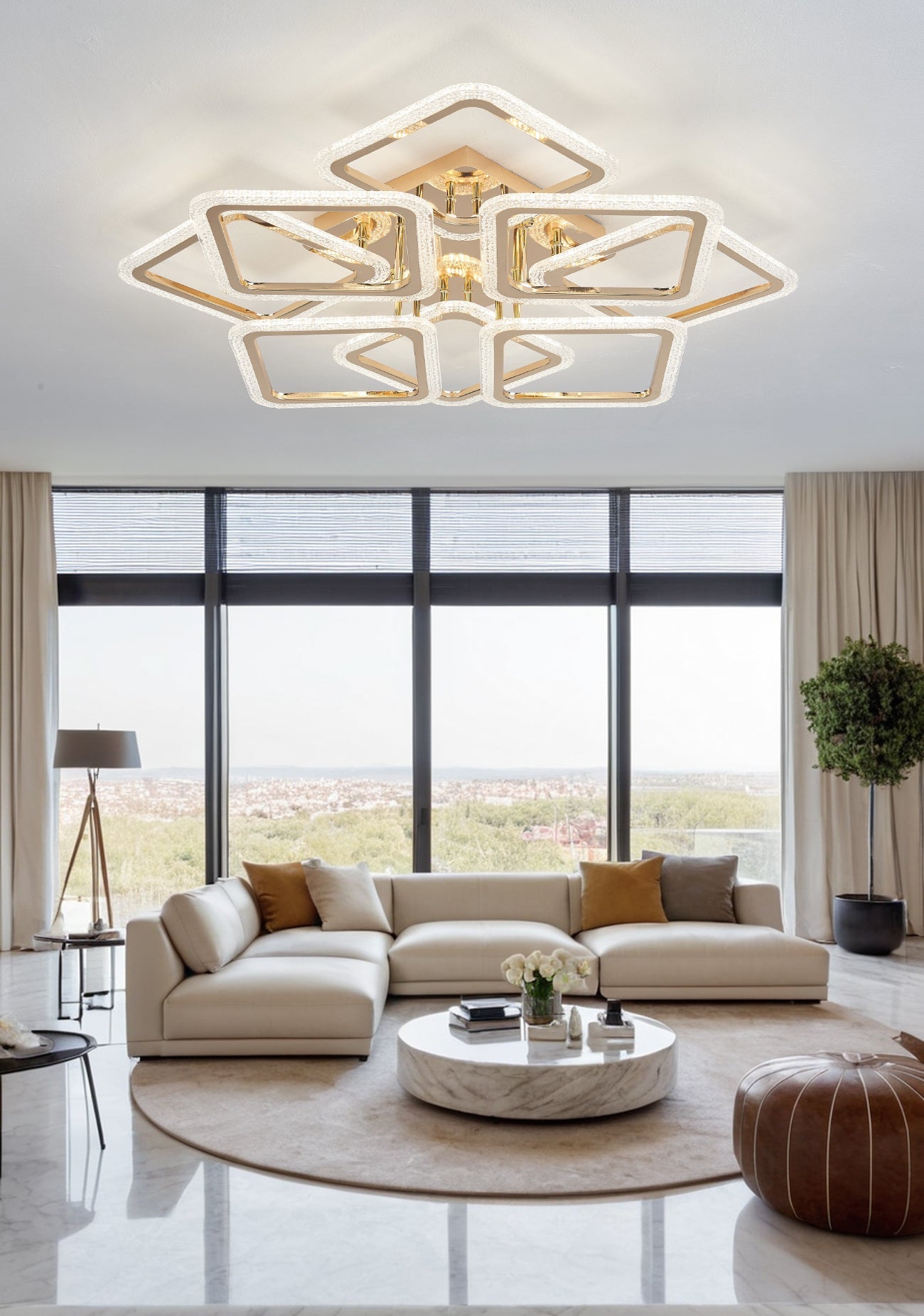 Lustra LED RFAN, Model JQ017/4+4, Cu Telecomanda, 3 Tipuri De Lumina, Intensitate Reglabila, 240W, Auriu