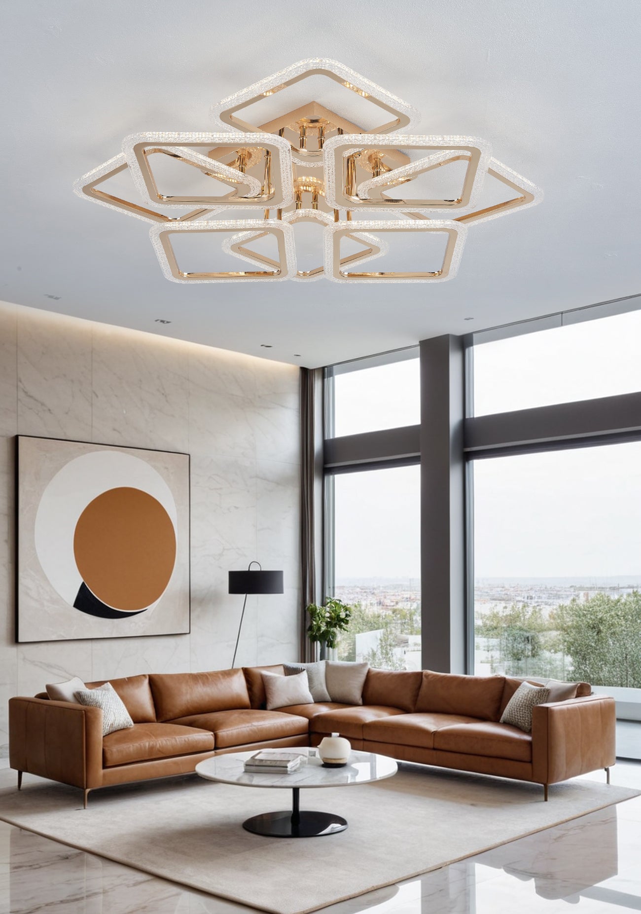 Lustra LED RFAN, Model JQ017/4+4, Cu Telecomanda, 3 Tipuri De Lumina, Intensitate Reglabila, 240W, Auriu
