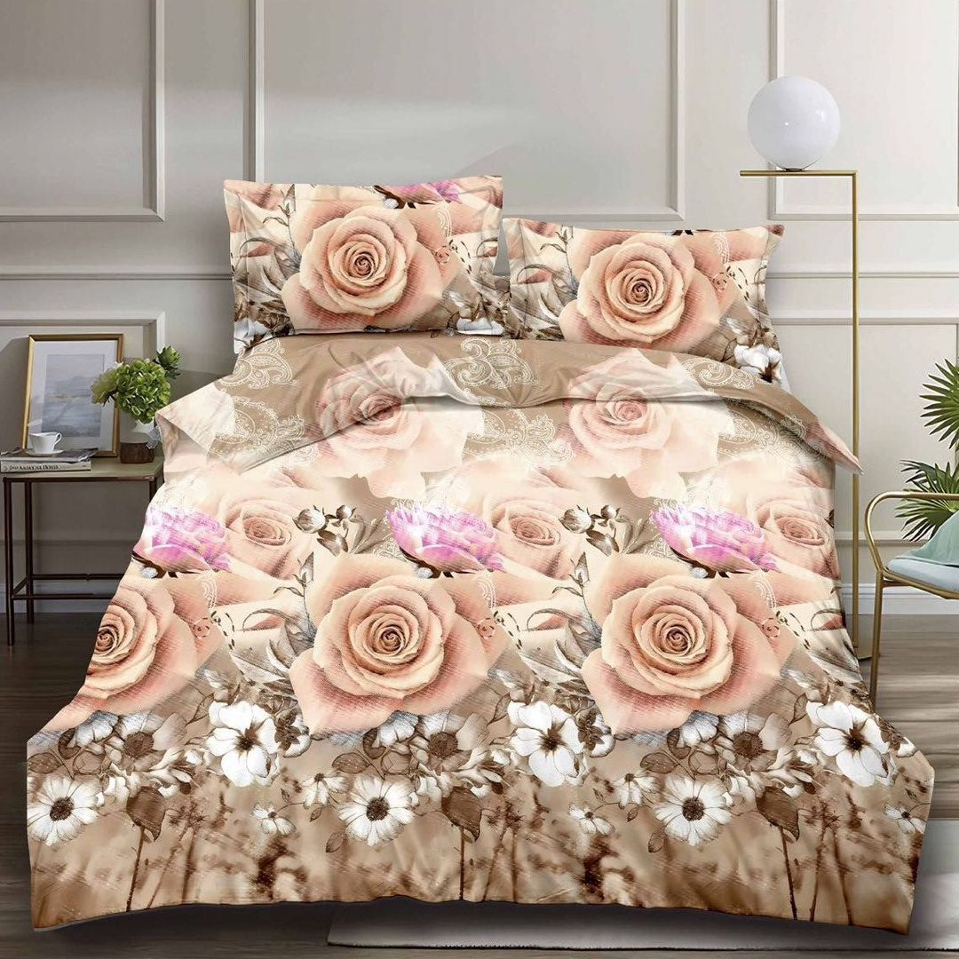 Lenjerie pat dublu, cearsaf clasic, imprimeu 3D, Bej, flori