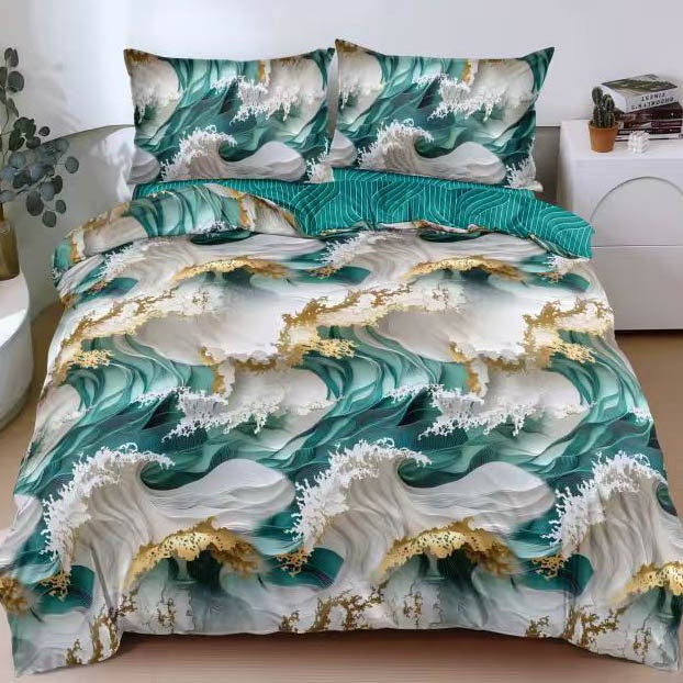 Lenjerie pat dublu cu Elastic, bumbac satinat, Verde, abstract SPR-E-186