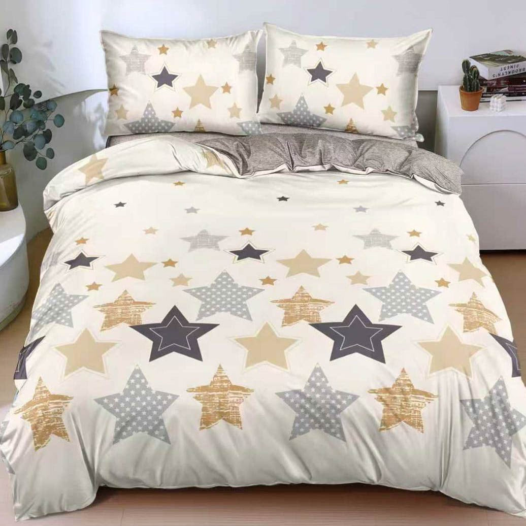Lenjerie pat dublu cu Elastic, bumbac satinat, Crem, stelute SPR-E-164