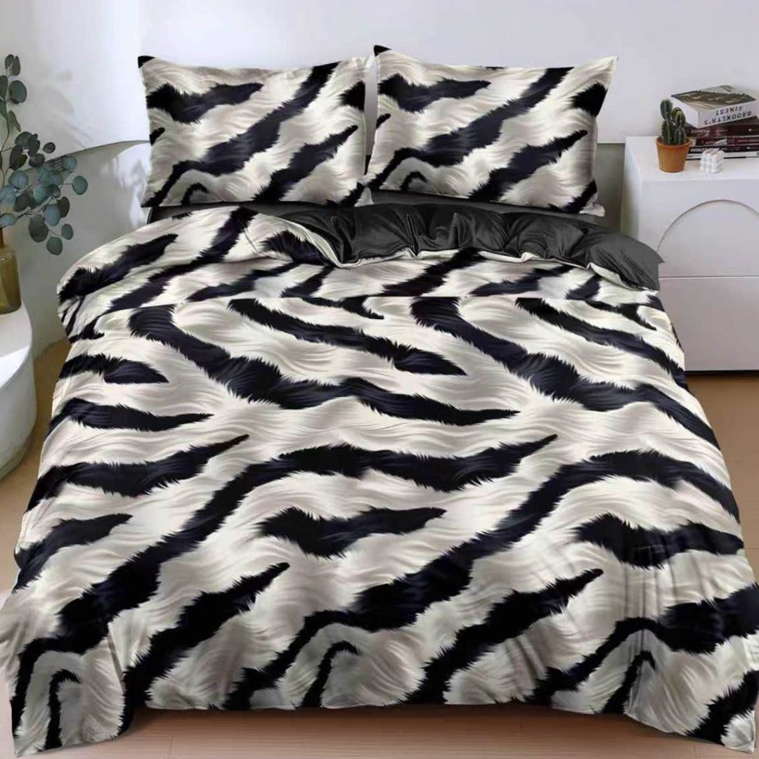 Lenjerie pat dublu cu Elastic, bumbac satinat, Gri, Negru, animal print SPR-E-169