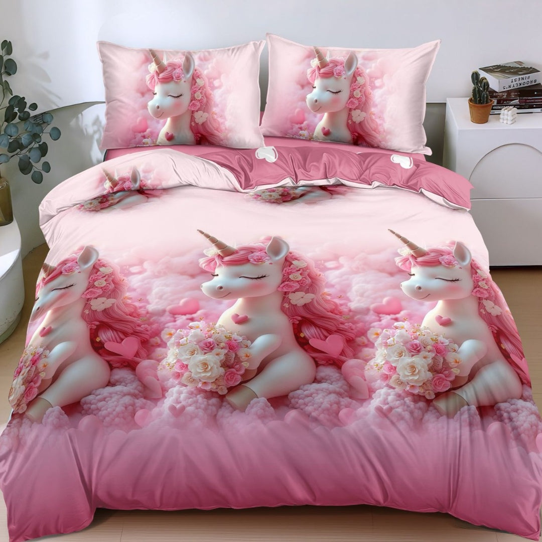 Lenjerie pat dublu cu Elastic, bumbac satinat, Roz, unicorni SPR-E-188