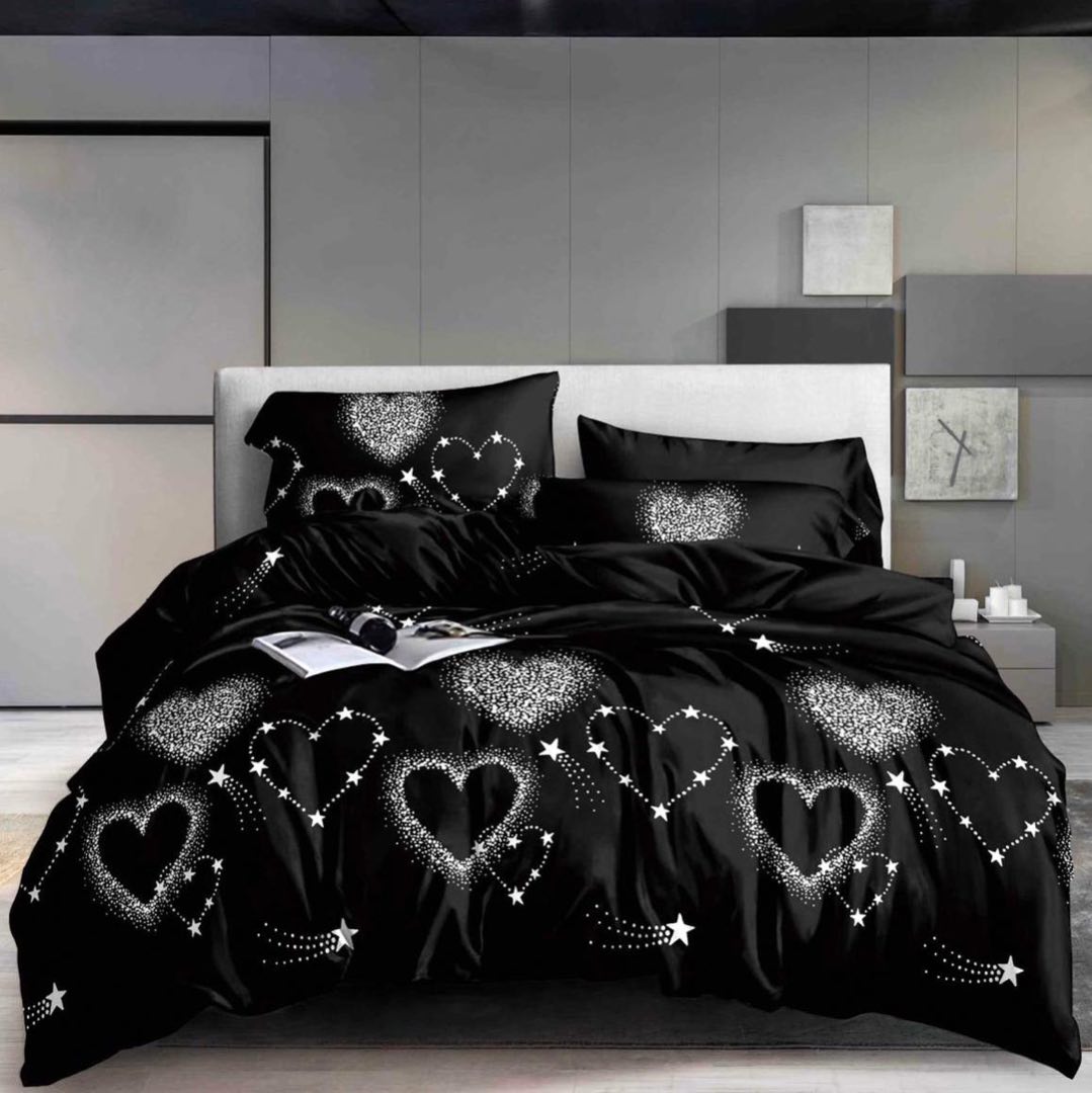 Lenjerie pat dublu, cearsaf clasic, imprimeu 3D, Negru, inimioare
